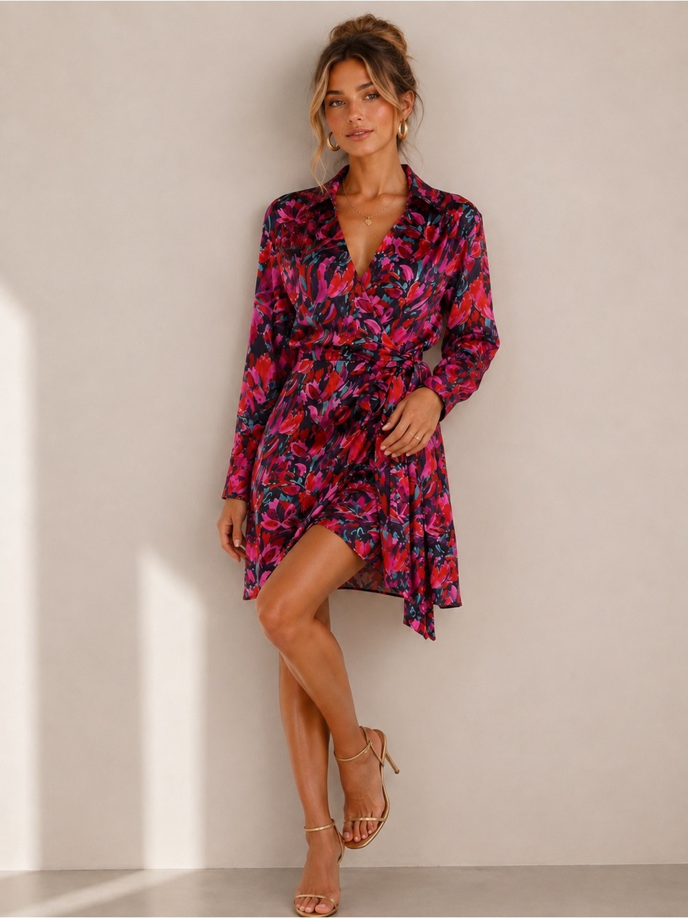 Milly Floral Pink Red Long Sleeve V-neck Wrap Mini Dress Size L